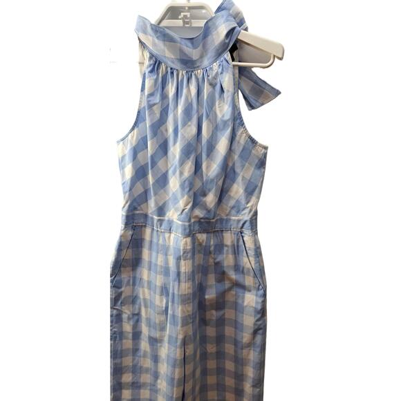J Crew High Neck Gingham Tie Back Blue White Wide Leg Jumpsuit Size 2 L2578 - Picture 3 of 11